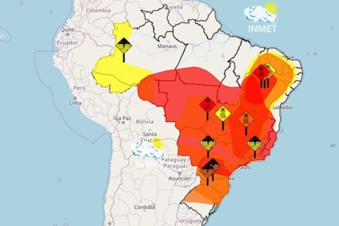 A região de Cuiabá no Mato Grosso deve registrar a maior temperatura com termômetros chegando a 44°C -  (crédito: Reprodução Instituto Nacional de Meteorologia (Inmet))