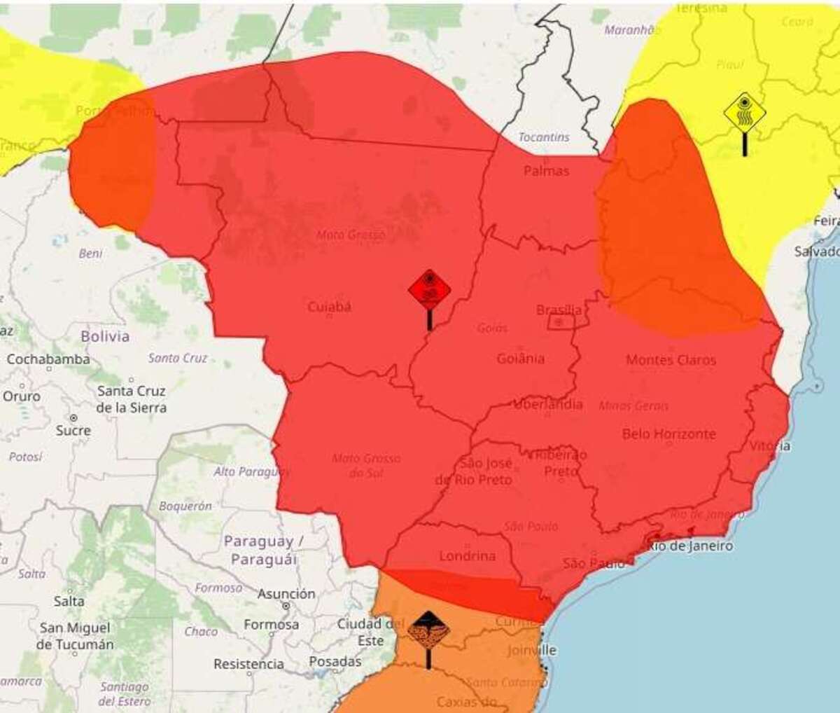 Mapa que mostra quais cidades estão em alerta vermelho pela onda de calor