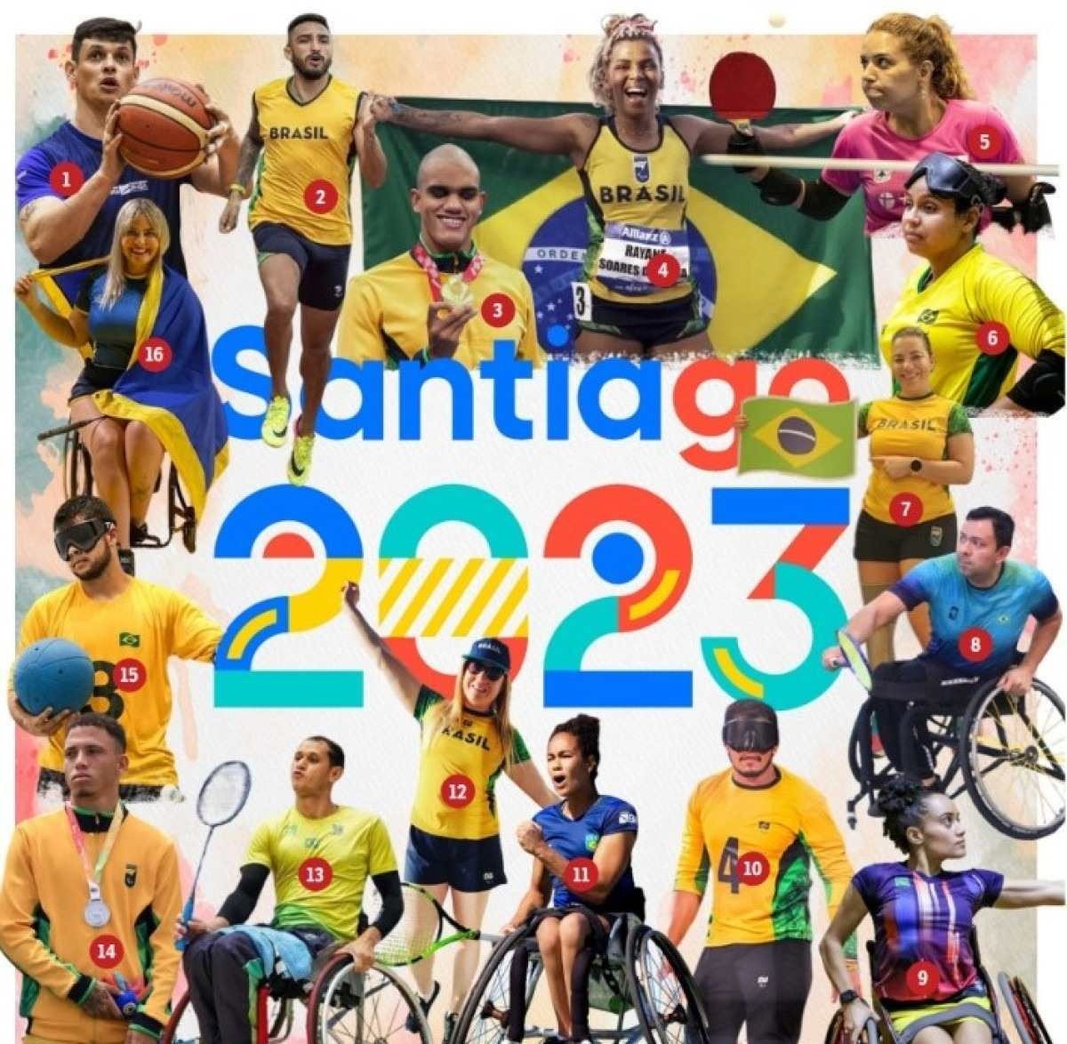 Montagem de fotos com os 16 atletas de Brasília inscritos no Parapan de Santiago. 1: Amauri Alves Viana — basquete em cadeira de rodas; 2 Wendel de Souza Silva — atleta guia; 3 Wendell Belarmino — natação; 4 Rayane Soares — atletismo; 5 Carla Maia — tênis de mesa; 6 Jéssica Vitorino — golbol; 7 Danielle Araújo — badminton; 8 Edmar Barbosa — badminton; 9 Daniele Torres Souza — badminton; 10 Leomon Moreno — golbol; 11 Maria Fernanda Alves — tênis em cadeira de rodas; 12 Ana Gabriely Assunção — golbol; 13 Marcelo Conceição — badminton; 14 Ângelo Matheus — futebol PC (paralisia cerebral); 15 André Claudio Dantas — golbol; 16 Aline Oliveira Cabral — badminton