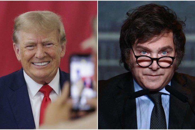 Trump usou a plataforma Truth Social para parabenizar o presidente eleito da Argentina - (crédito: Getty Images via AFP e Luis ROBAYO / AFP) Trump usou a plataforma Truth Social para parabenizar o presidente eleito da Argentina - (crédito: Getty Images via AFP e Luis ROBAYO / AFP)