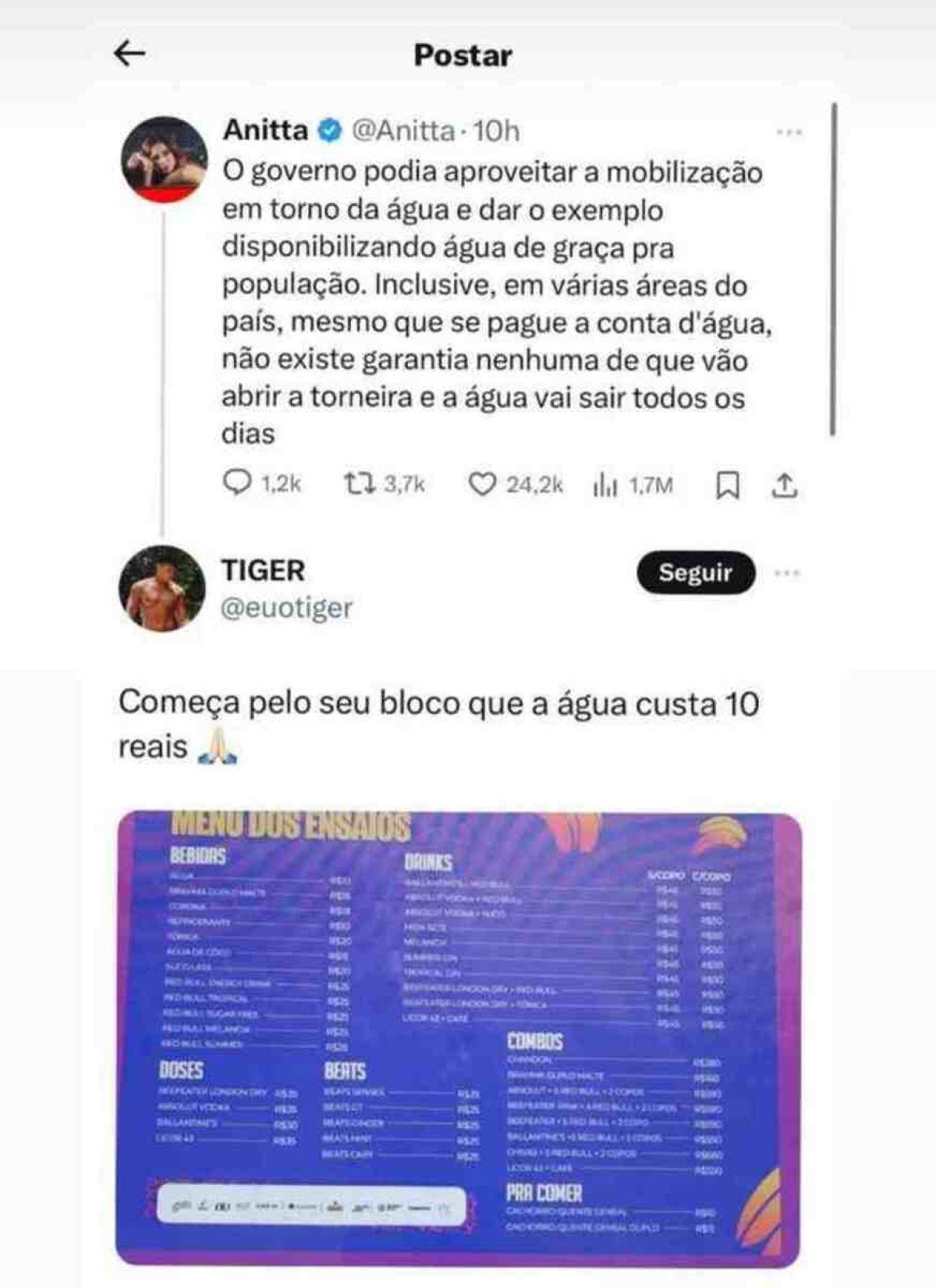 Anitta faz campanha por água gratuita e leva 'fecho' de seguidor Anitta faz campanha por água gratuita e leva 'fecho' de seguidor