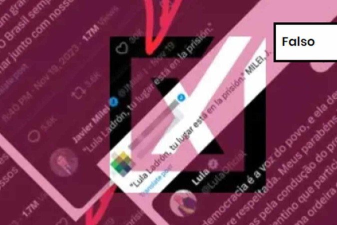 Trata-se de uma montagem a imagem que mostra uma suposta interação online entre o presidente brasileiro Lula (PT) e Javier Milei - (crédito: Reprodução/Comprova) Trata-se de uma montagem a imagem que mostra uma suposta interação online entre o presidente brasileiro Lula (PT) e Javier Milei - (crédito: Reprodução/Comprova)