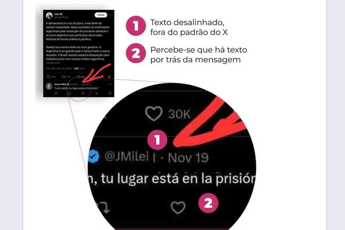 Trata-se de uma montagem a imagem que mostra uma suposta interação online entre o presidente brasileiro Lula (PT) e Javier Milei