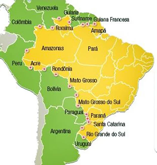 O Brasil tem 8.516.000 km². Um país de dimensões continentais que faz fronteira com 10 vizinhos da América do Sul: Uruguai, Argentina, Paraguai, Bolívia, Peru, Colômbia, Venezuela, Guiana, Suriname e Guiana Francesa ( Departamento Ultramarino da França). -  (crédito: wikimedia commons )