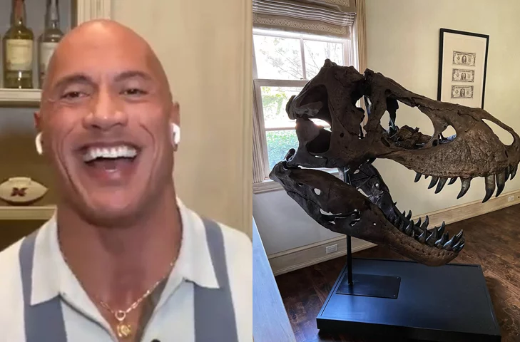 O ator Dwayne Johnson, o "The Rock", tem um crânio de um tiranossauro rex dentro de casa.  -  (crédito: Reprodução Twitter @sportsvids1/ Instagram @therock)