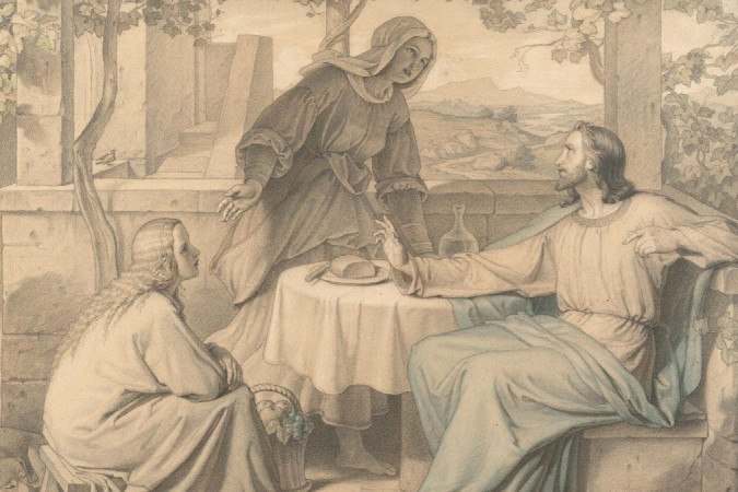 Jesus com Marta e Maria, ilustração sobre agem bíblica. Obra de 1866, de Carl Peschel - (crédito: Domínio Público) Jesus com Marta e Maria, ilustração sobre agem bíblica. Obra de 1866, de Carl Peschel - (crédito: Domínio Público)