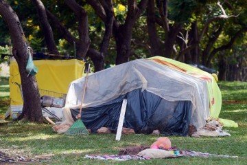 Acampamento de pessoas em situação de rua na pista da entrada norte da UnB, altura da 613/613 Norte - (crédito: Ed Alves/CB/DA.Press) Acampamento de pessoas em situação de rua na pista da entrada norte da UnB, altura da 613/613 Norte - (crédito: Ed Alves/CB/DA.Press)