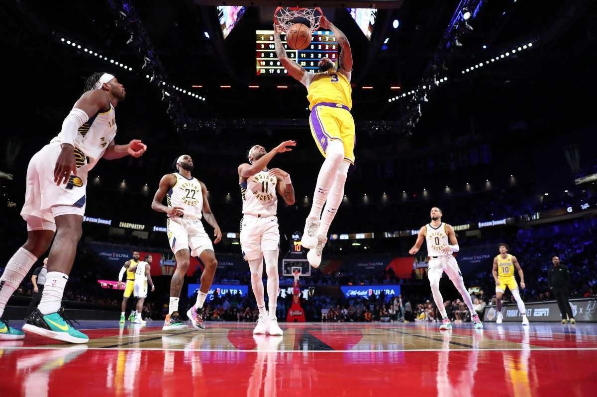 Anthony Davis #3 of the Los Angeles Lakers drives to the basket during the game against the Indiana Pacers during the In-Season Tournament Championship game on December 9, 2023 at T-Mobile Arena in Las Vegas, Nevada. 