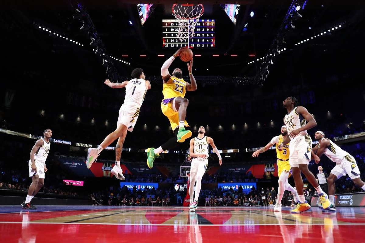 LeBron James #23 of the Los Angeles Lakers drives to the basket during the game against the Indiana Pacers during the In-Season Tournament Championship game on December 9, 2023 at T-Mobile Arena in Las Vegas, Nevada.