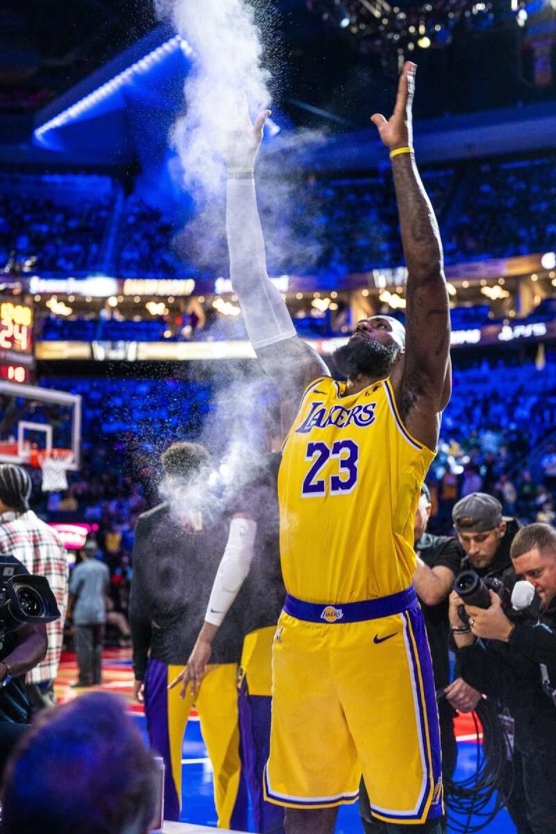 LeBron James #23 of the Los Angeles Lakers throws chalk before the game against the Indiana Pacers during the In-Season Tournament Championship game on December 9, 2023 at T-Mobile Arena in Las Vegas, Nevada.       