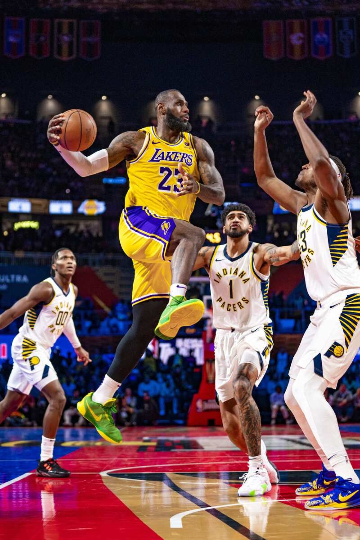 LeBron James #23 of the Los Angeles Lakers looks to pass the ball during the game against the Indiana Pacers during the In-Season Tournament Championship game on December 9, 2023 at T-Mobile Arena in Las Vegas, Nevada.