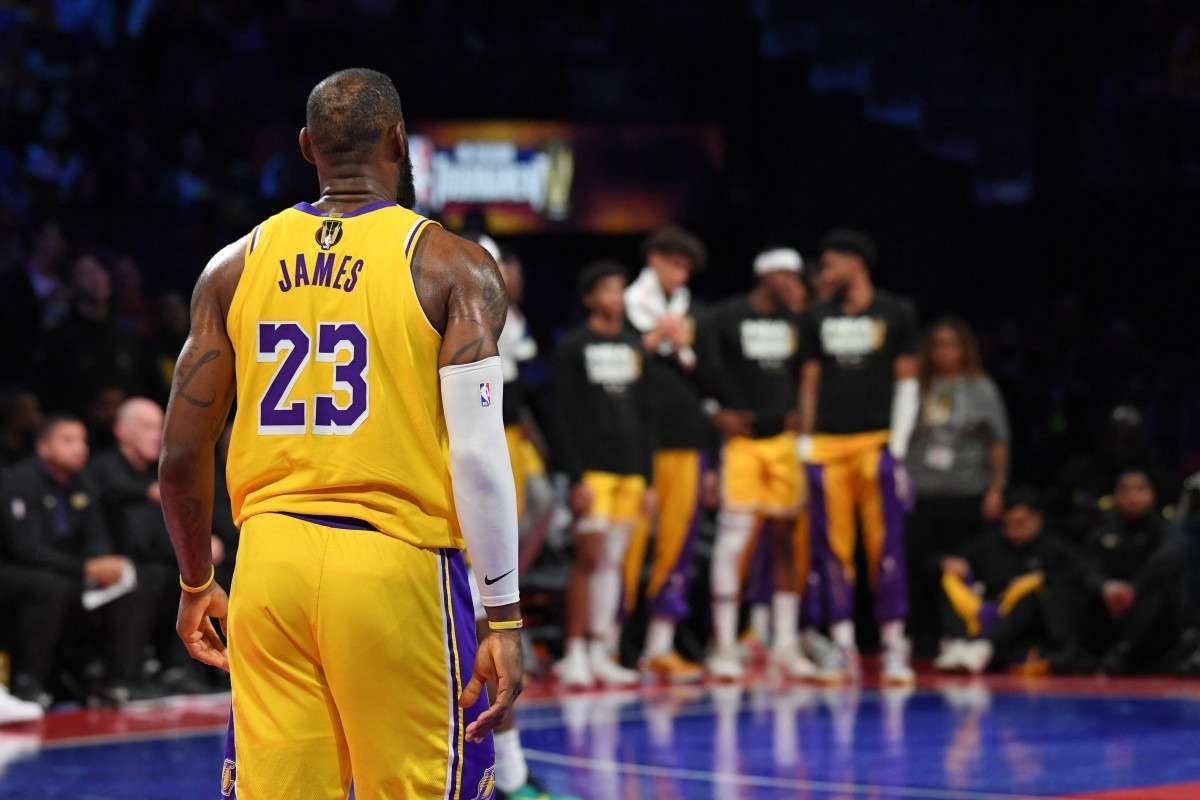 LeBron James #23 of the Los Angeles Lakers looks on during the game against the Indiana Pacers during the In-Season Tournament Championship game on December 9, 2023 at T-Mobile Arena in Las Vegas, Nevada. 