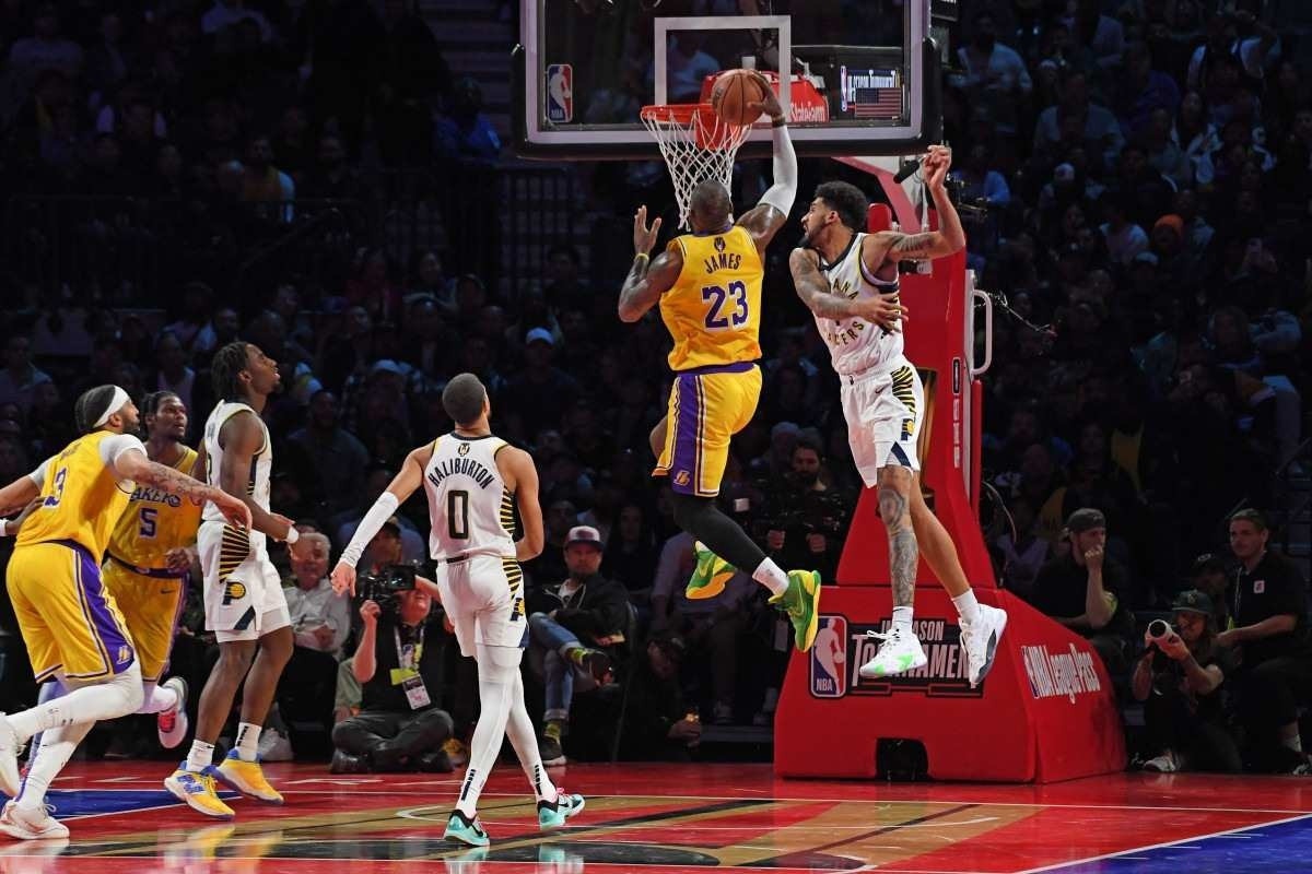 LeBron James #23 of the Los Angeles Lakers dunks the ball during the game against the Indiana Pacers during the In-Season Tournament Championship game on December 9, 2023 at T-Mobile Arena in Las Vegas, Nevada. 