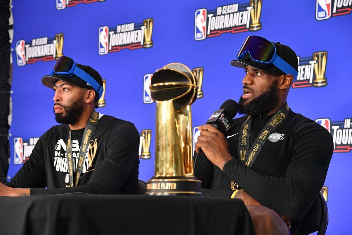 LeBron James #23 and Anthony Davis #3 of the Los Angeles Lakers talk to the media after winning the In-Season Tournament Championship game against the Indiana Pacers on December 9, 2023 at T-Mobile Arena in Las Vegas, Nevada.