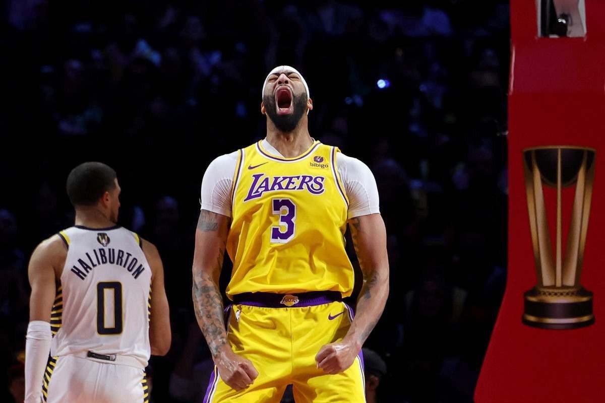 Anthony Davis #3 of the Los Angeles Lakers celebrates a basket against the Indiana Pacers during the fourth quarter in the championship game of the inaugural NBA In-Season Tournament at T-Mobile Arena on December 09, 2023 in Las Vegas, Nevada.       