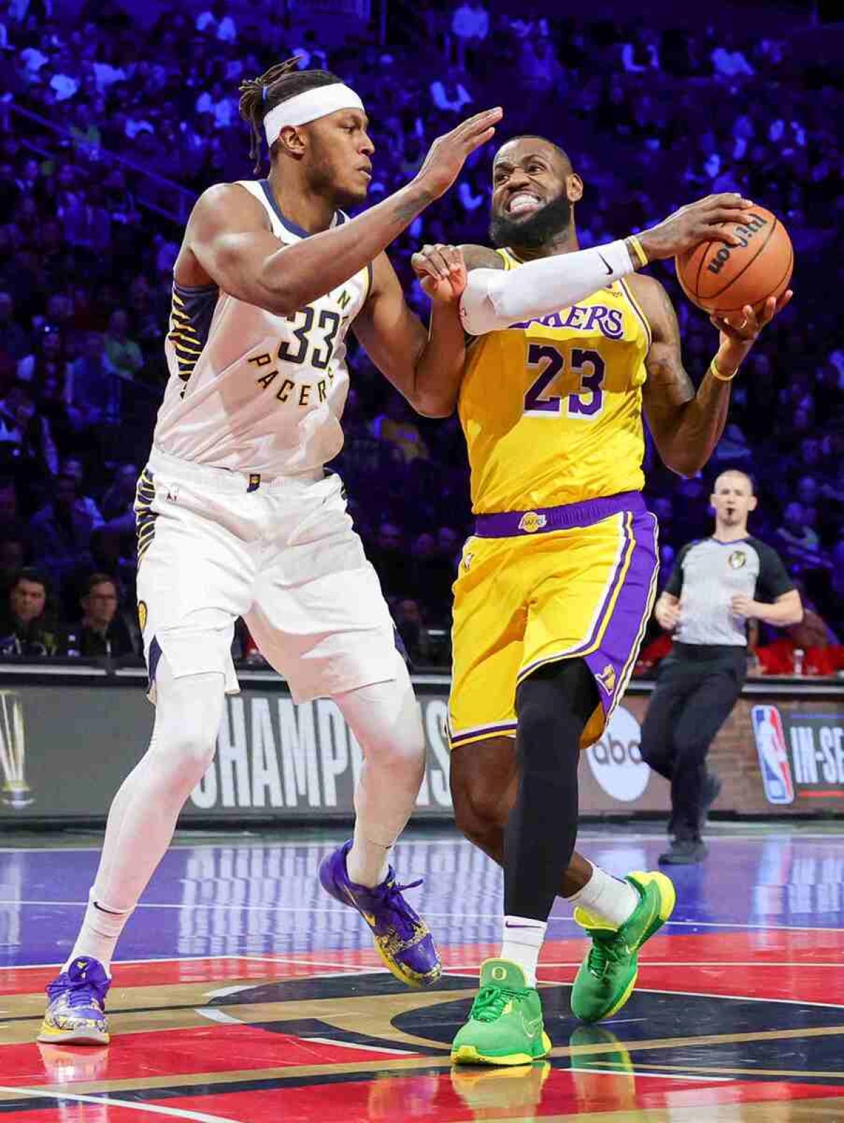 LeBron James #23 of the Los Angeles Lakers drives to the basket against Myles Turner #33 of the Indiana Pacers in the first quarter of the championship game of the inaugural NBA In-Season Tournament at T-Mobile Arena on December 09, 2023 in Las Vegas, Nevada. The Lakers defeated the Pacers 123-109. 