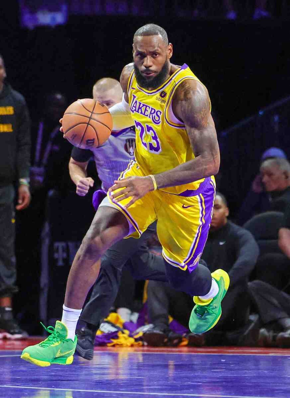 LeBron James #23 of the Los Angeles Lakers brings the ball up the court against the Indiana Pacers in the first quarter of the championship game of the inaugural NBA In-Season Tournament at T-Mobile Arena on December 09, 2023 in Las Vegas, Nevada. The Lakers defeated the Pacers 123-109. 