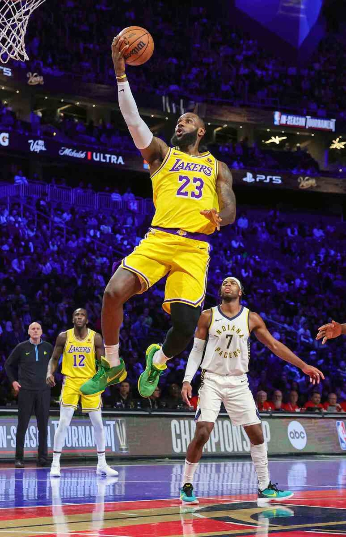 LeBron James #23 of the Los Angeles Lakers shoots against the Indiana Pacers in the first quarter of the championship game of the inaugural NBA In-Season Tournament at T-Mobile Arena on December 09, 2023 in Las Vegas, Nevada. The Lakers defeated the Pacers 123-109.