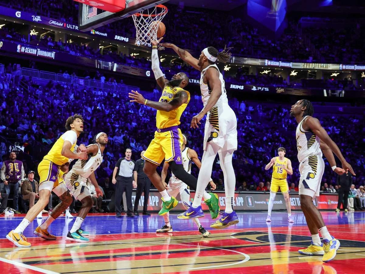 LeBron James #23 of the Los Angeles Lakers shoots against Myles Turner #33 of the Indiana Pacers in the second quarter of the championship game of the inaugural NBA In-Season Tournament at T-Mobile Arena on December 09, 2023 in Las Vegas, Nevada. The Lakers defeated the Pacers 123-109.