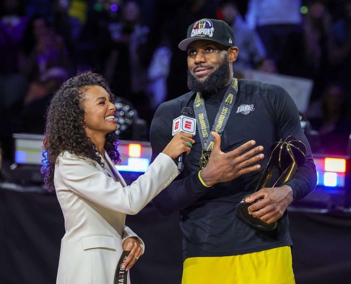 Malika Andrews (L) interviews LeBron James #23 of the Los Angeles Lakers after he won the MVP trophy following the teams 123-109 victory over the Indiana Pacers to win the championship game of the inaugural NBA In-Season Tournament at T-Mobile Arena on December 09, 2023 in Las Vegas, Nevada.