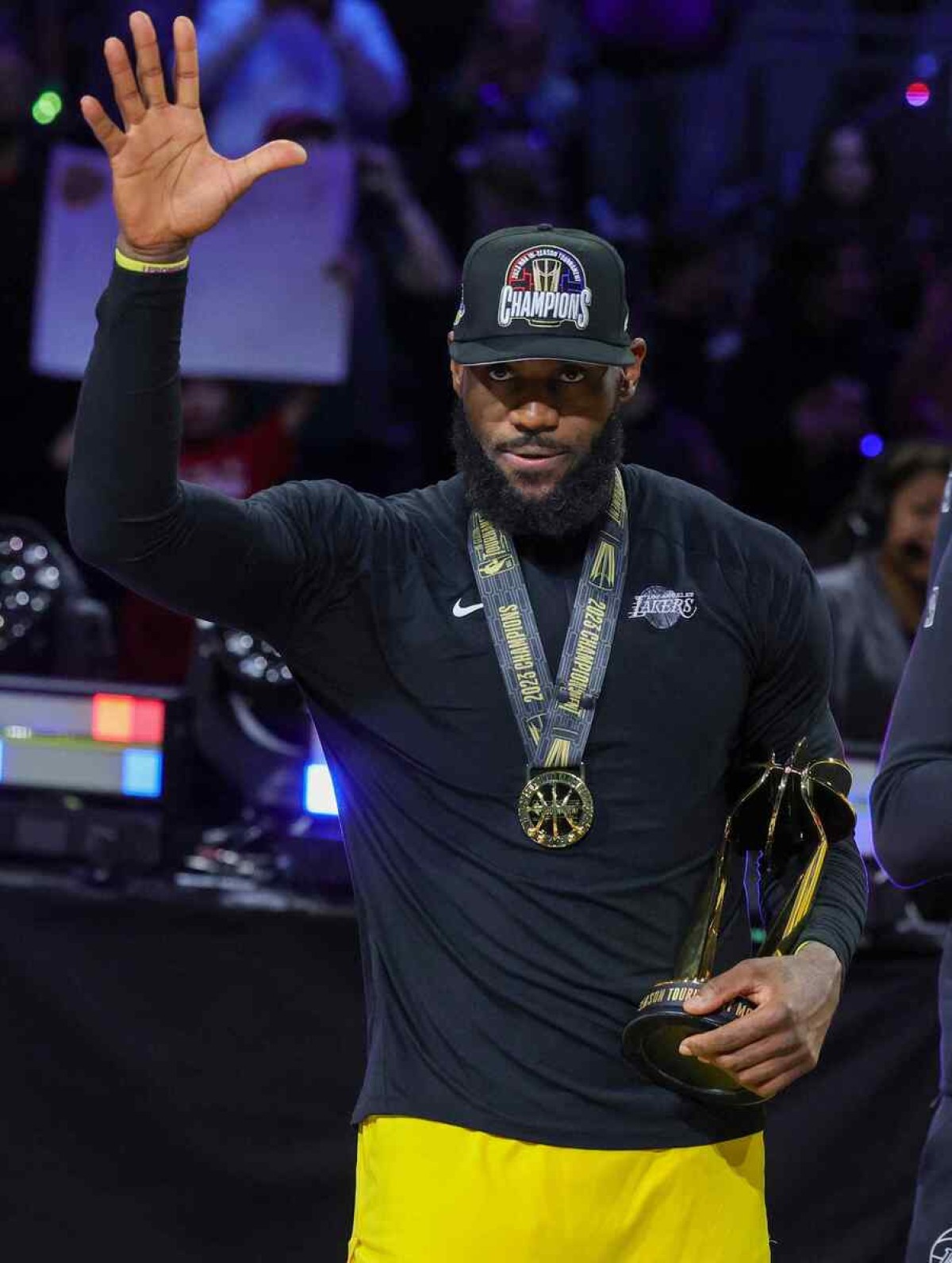 LeBron James #23 of the Los Angeles Lakers waves after winning the MVP trophy following the teams 123-109 victory over the Indiana Pacers to win the championship game of the inaugural NBA In-Season Tournament at T-Mobile Arena on December 09, 2023 in Las Vegas, Nevada. 