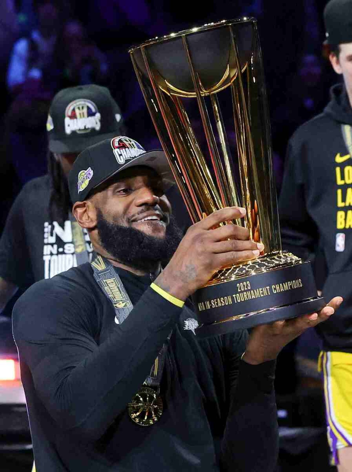 LeBron James #23 of the Los Angeles Lakers lifts the trophy after the teams 123-109 victory over the Indiana Pacers to win the championship game of the inaugural NBA In-Season Tournament at T-Mobile Arena on December 09, 2023 in Las Vegas, Nevada. 