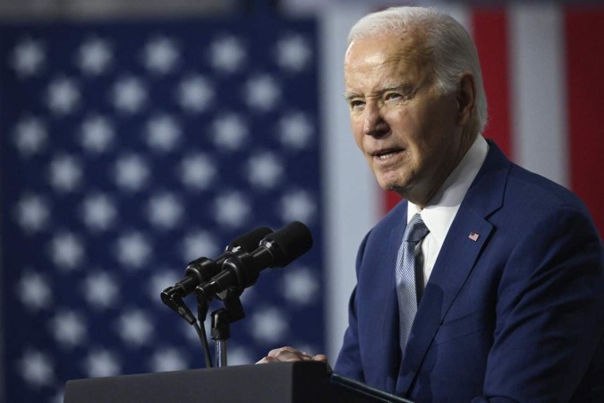 Joe Biden discursa durante evento em Las Vegas: 
aos 81 anos, democrata quer mais quatro anos no poder  -  (crédito: Andrew Cabellero-Reynolds/AFP)