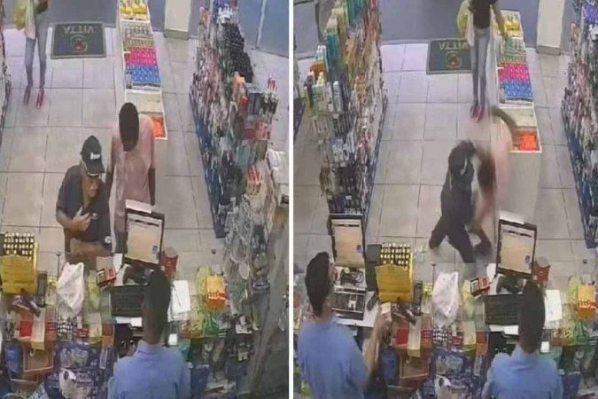 Reprodução do vídeo que mostra o momento em que o suspeito tenta pegar dinheiro do bolso do idoso -  (crédito: Reprodução/redes sociais)