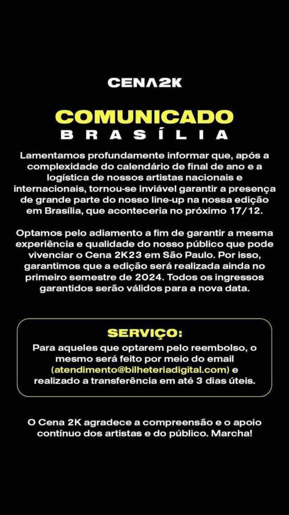 Festival CENA 2K adia edição de Brasília que ocorreria neste domingo (17/12)