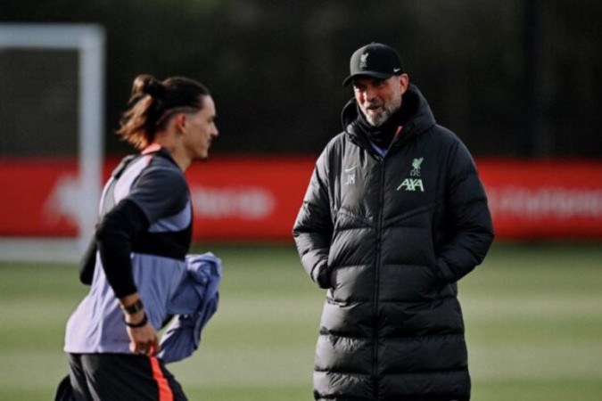 Jogadores do Liverpool durante treinamento da equipe - Foto: Andrew Powell / Liverpool -  (crédito: Foto: Andrew Powell / Liverpool)