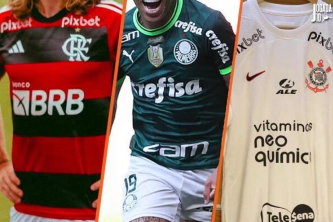 Camisas de Flamengo, Palmeiras e Corinthians da temporada de 2023 -  (crédito: Fotos: Arte Jogada10)