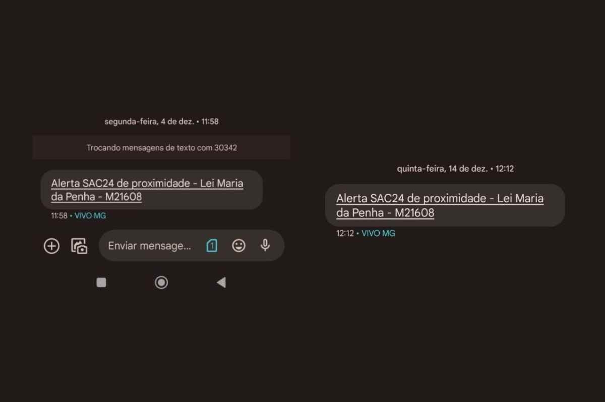 Alerta enviado ao celular da jovem em 4 e 14 de dezembro