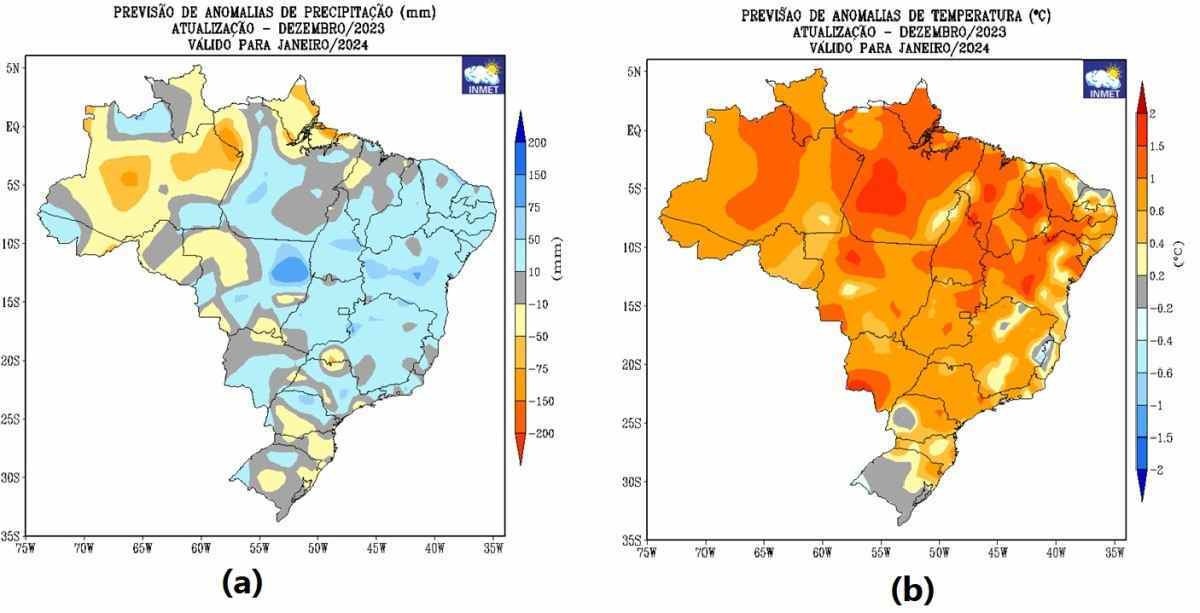 Previsão de anomalias de - (a) precipitação (chuva)  e (b) temperatura média do ar do modelo climático do INMET, para o mês de janeiro de 2024.