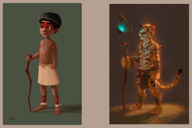 À esquerda, o jovem herói Kawã. À direita, Tapirayawara, ente protetor e conselheiro de Kawã. As ilustrações fazem parte do jogo 'Kawã na terra dos indígenas maraguá'
- (crédito: Divulgação/Hugo Cestari) À esquerda, o jovem herói Kawã. À direita, Tapirayawara, ente protetor e conselheiro de Kawã. As ilustrações fazem parte do jogo 'Kawã na terra dos indígenas maraguá'
- (crédito: Divulgação/Hugo Cestari)