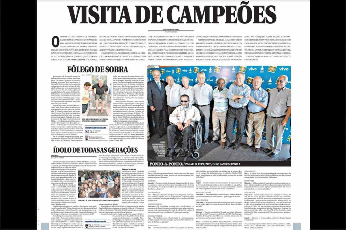 Páginas 34 e 35 do Correio Braziliense de 25 de junho de 2008 sobre a visita de Mário Jorge Lobo Zagallo e campeões do mundo à sede do jornal