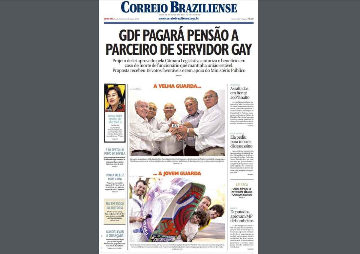 Capa do Correio Braziliense de 25 de junho de 2008 sobre a visita de Mário Jorge Lobo Zagallo e campeões do mundo à sede do jornal