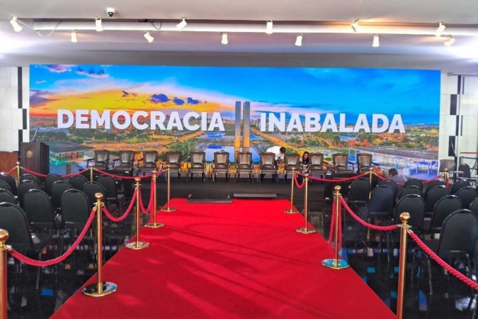 Salão Negro do Congresso Nacional pronto para receber o ato "Democracia Inabalada", que não contará com a presença de Lira -  (crédito: Evandro Éboli/CB/DA.Press )