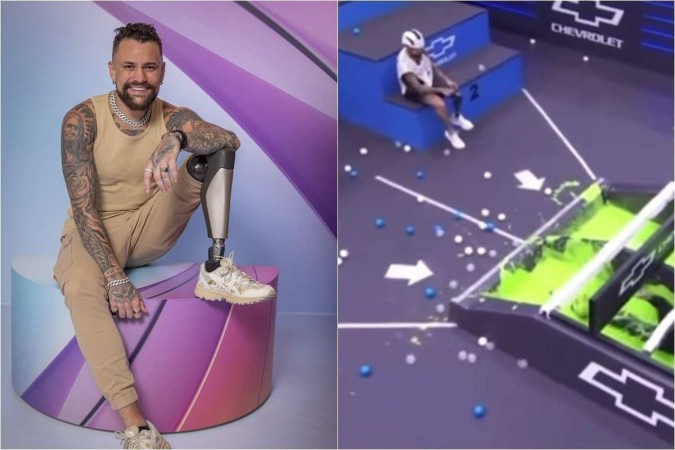 Vinicius precisou tirar sua prótese para não sujá-la com slime em uma das partes da prova do líder -  (crédito: Globo/Paulo Belote; Reprodução/Globoplay)