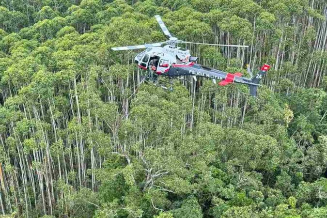 A Polícia Militar encontrou o helicóptero em uma área de mata de Paraibuna (SP) 
 -  (crédito: Divulgação/PMSP)