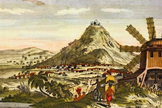 Gravura mostra o Cerro Rico, a cidade de Potosí (hoje parte da Bolívia) e um moinho para processamento de minério, em cerca de 1820 -  (crédito: Getty Images)