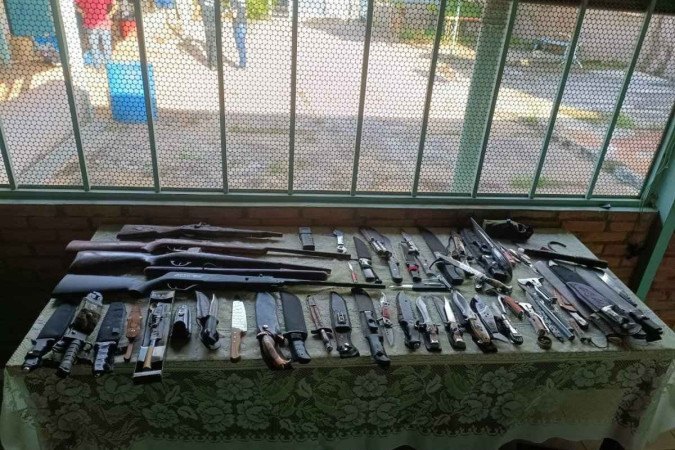 O auditor tinha em casa três armas de fogo artesanais, uma arma de pressão, 38 facas, 13 canivetes e um facão -  (crédito: Divulgação PCDF )