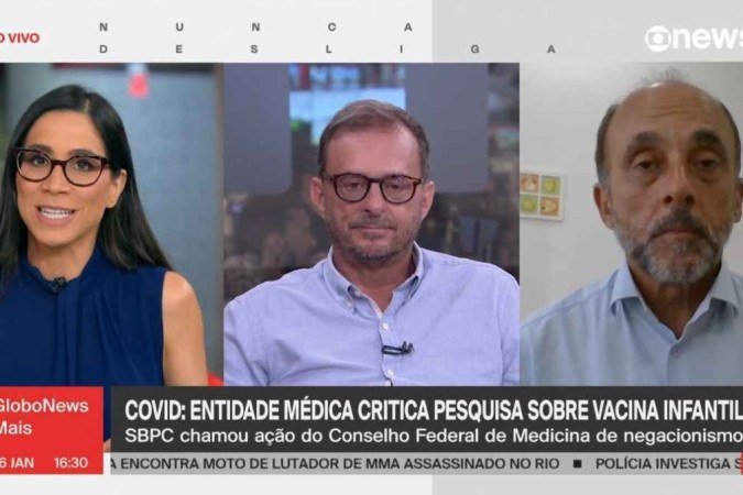 Vice-presidente da Sociedade Brasileira de Imunizações Renato Kfouri crítica, em entrevista à Júlia Duailibi e a Octávio Guedes, a realização de enquete feita pelo Conselho Federal de Medicina com vários médicos, independente da especialização, sobre a obrigatoriedade ou não de aplicação de vacinas - (crédito: Reprodução/Globonews) Vice-presidente da Sociedade Brasileira de Imunizações Renato Kfouri crítica, em entrevista à Júlia Duailibi e a Octávio Guedes, a realização de enquete feita pelo Conselho Federal de Medicina com vários médicos, independente da especialização, sobre a obrigatoriedade ou não de aplicação de vacinas - (crédito: Reprodução/Globonews)