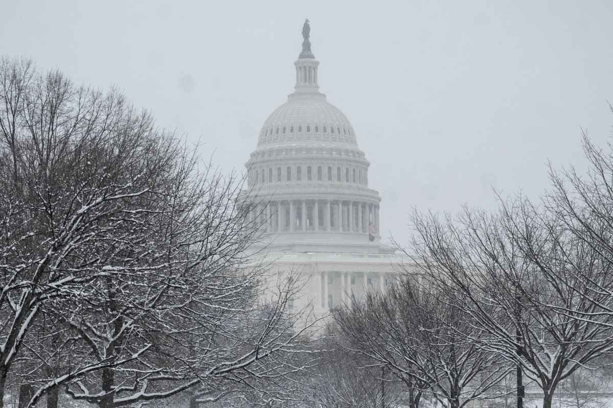 O Capitólio dos EUA é visto além das árvores cobertas de neve em Washington, DC, em 19 de janeiro de 2024