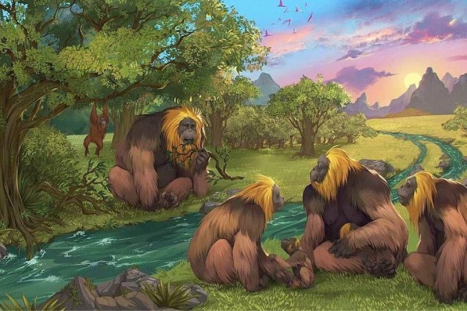 Ilustração artística de um grupo de primatas da espécie G. blacki em uma floresta no sul da China -  (crédito: GARCIA/JOANNES-BOYAU (SOUTHERN CROSS UNIVERSITY))