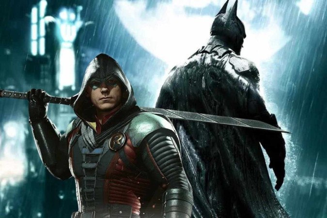 O morcego teria um jogo novo em uma Gotham distópica, com um Batman barbudo e mais velho, um Damian Wayne adulto e uma galeria de vilões com novos designs -  (crédito: Reprodução/Rocksteady Studios/NetherRealm Studios)