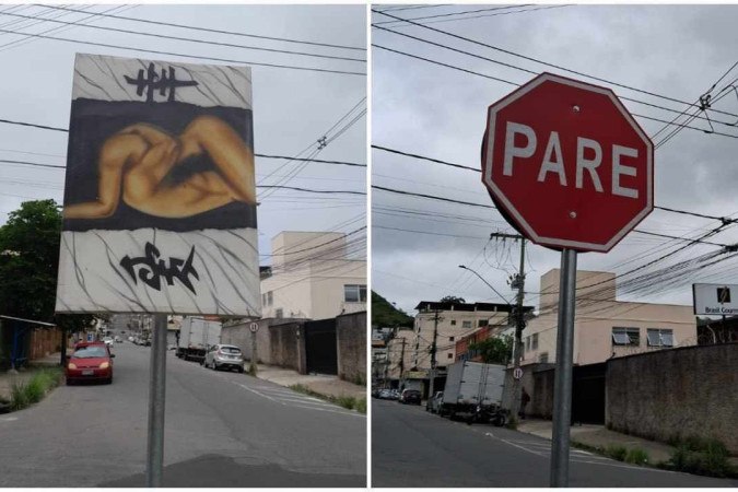 Moradores tiraram fotos e fizeram selfies antes do quadro ser removido da sinalização -  (crédito: Redes sociais/Reprodução - Bruno Luis Barros/EM/DA. Press)