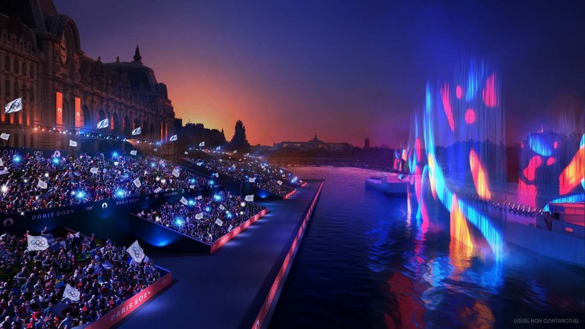 Ilustração divulgada em 15 de dezembro de 2021 pelo Comitê Olímpico de Paris-2024 mostra a cerimônia de abertura das Olimpíadas de Paris em 26 de julho de 2024, que acontecerá no rio Sena