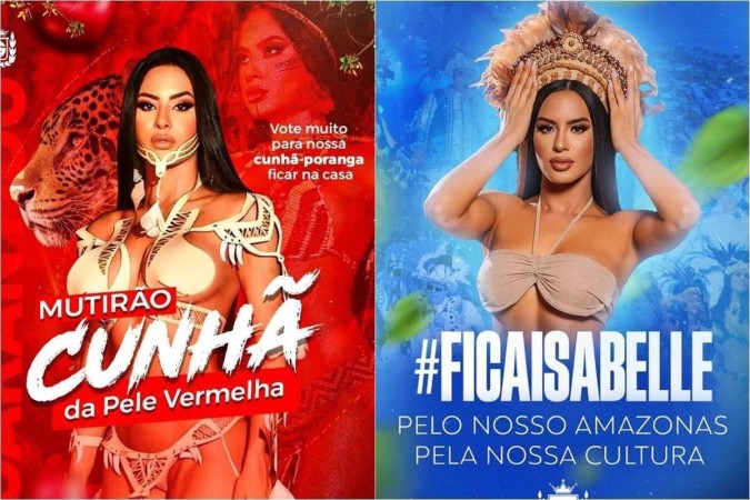 A manauara é a cunhã-poranga do Boi Garantido, que veste vermelho, enquanto o rival, Boi Caprichoso veste azul -  (crédito: Reprodução/Instagram @isabellenogueiraoficial)