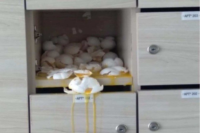 Síndica encontrou a caixa de correspondência cheia de ovos quebrados - (crédito: Material cedido ao Correio) Síndica encontrou a caixa de correspondência cheia de ovos quebrados - (crédito: Material cedido ao Correio)