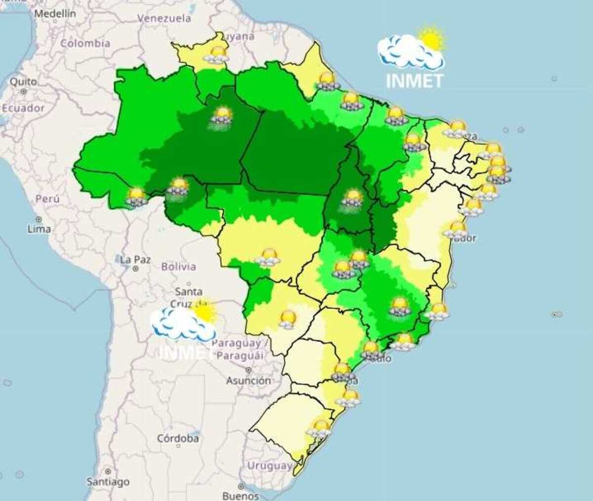 As áreas em verde escuro são as com mais possibilidade de pancadas de chuvas